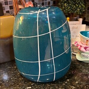 New Toyo Sasaki Hancrafted Crystal Glass Vase Turquoise blue with white lines